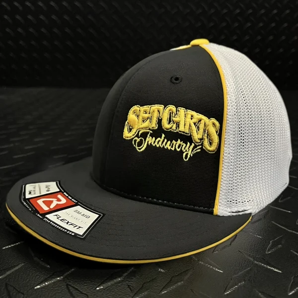 SET CARTS INDUSTRY HAT 210 FLEX FIT BLACK LEFT SIDE LOGO yellow grey white 2 SET CARTS INDUSTRY HAT 210 FLEX FIT BLACK LEFT SIDE LOGO yellow grey white 2